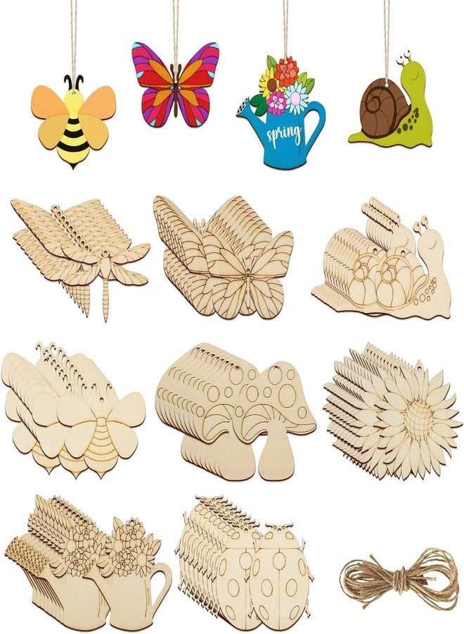 Haoser pc 16 Wooden Spring Ornaments to Paint, 8 Styles DIY Blank Unfinished Wood Cutouts Ornament for Home Crafts Hanging Decorations, Insect Dragonfly Snail Watering Can Mushroom Flower Shape - Image 1